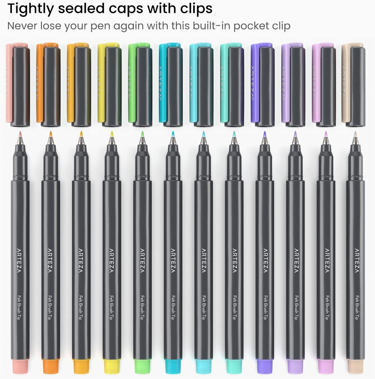 ARTEZA Felt Tip Pens, Set of 24 Seasonal Brush Tip Calligraphy Pens, Dye-Based Ink(12 Pastel Brush Tip)