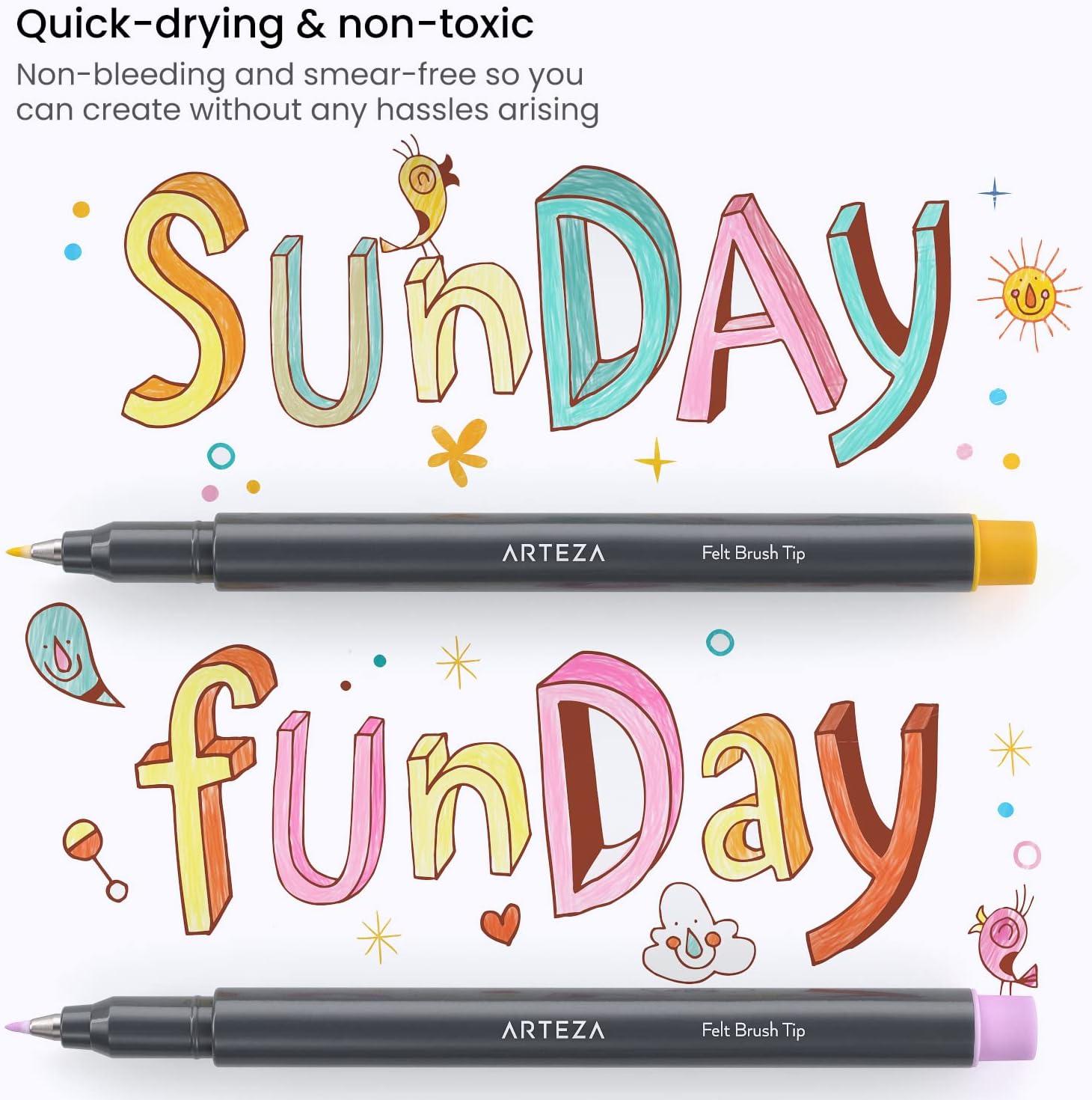 ARTEZA Felt Tip Pens, Set of 24 Seasonal Brush Tip Calligraphy Pens, Dye-Based Ink(12 Pastel Brush Tip)