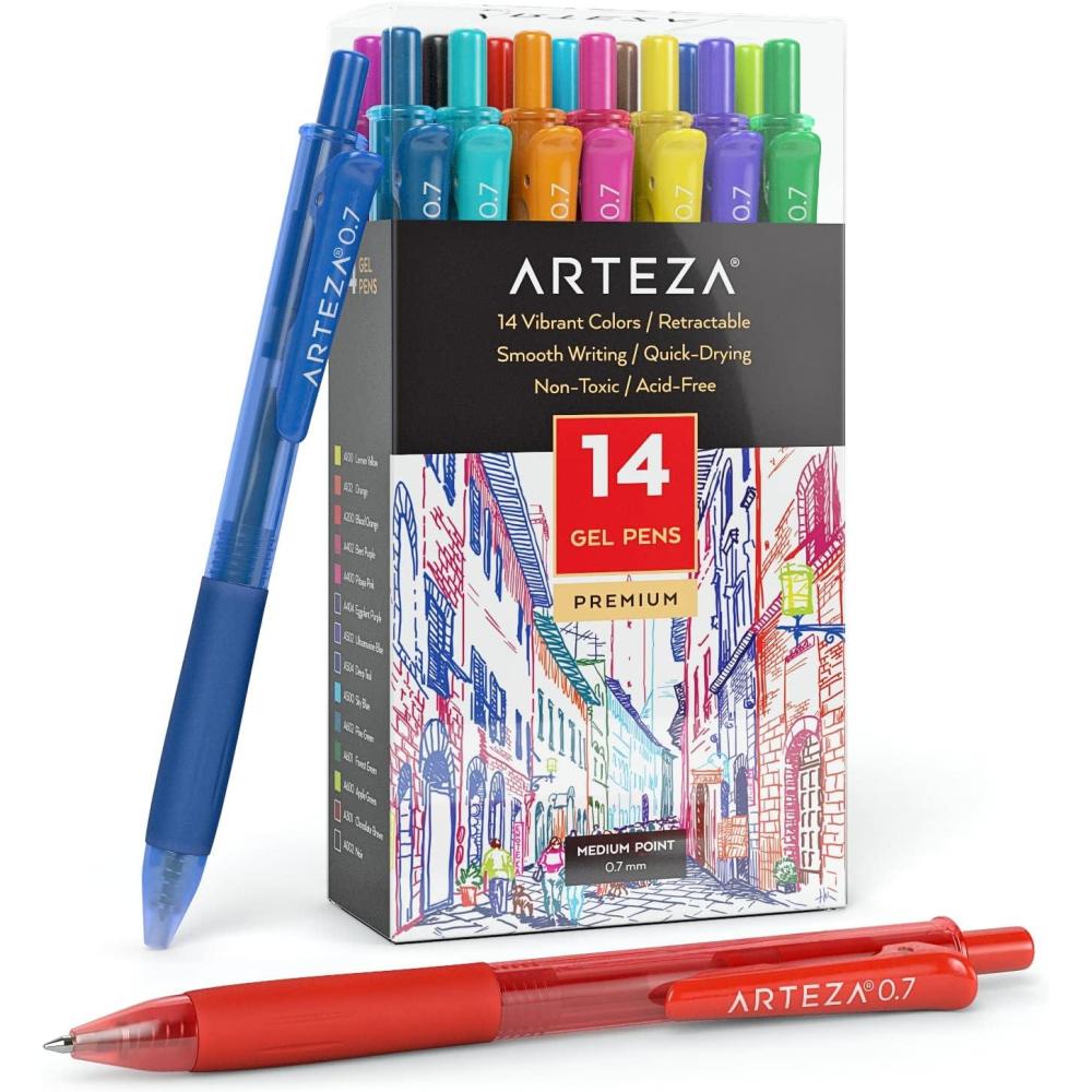 Arteza Colored Gel Pens, Pack of 24, 10 Vintage and 14 Vibrant Colors, Fine 0.7 mm Tip, Retractable, Art Supplies for Journaling, Drawing, Doodling, and Notetaking(1 Count (Pack of 14))