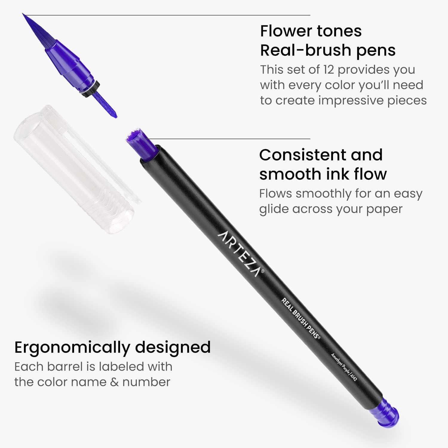 ARTEZA 12 Watercolor Pens for Artists, Landscape Tones Real Brush Pens, Blendable Watercolor Markers for Adults(Flower Colors)
