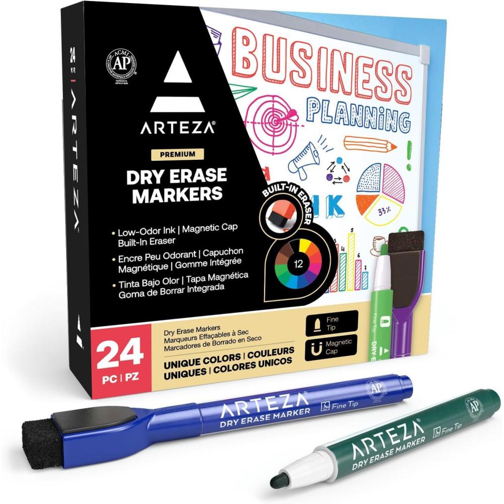 ARTEZA Fine Tip Dry Erase Markers with Erasers – 24-Pack Magnetic Whiteboard Pens, 12 Assorted Colors, Low-Odor Ink for Classroom, Office & Home(1 Count (Pack of 24))
