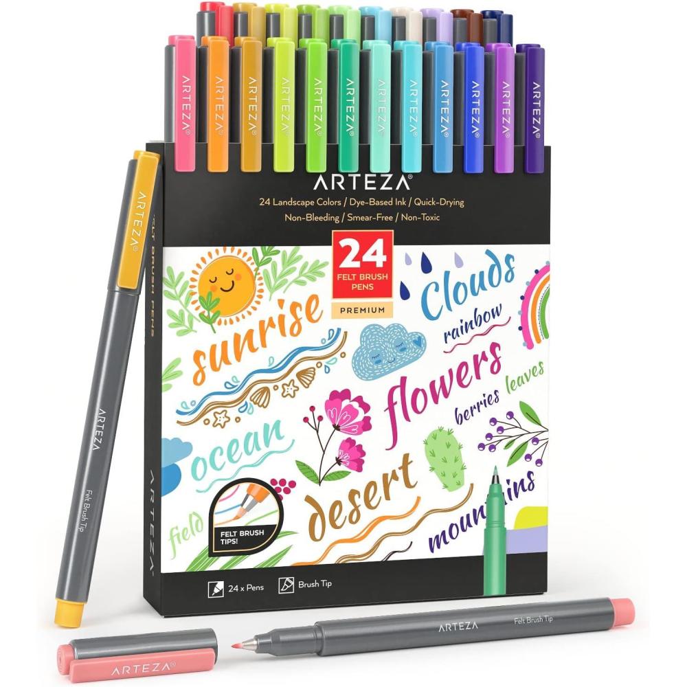 ARTEZA Felt Tip Pens, Set of 24 Seasonal Brush Tip Calligraphy Pens, Dye-Based Ink(24 Landscape Brush Tip)