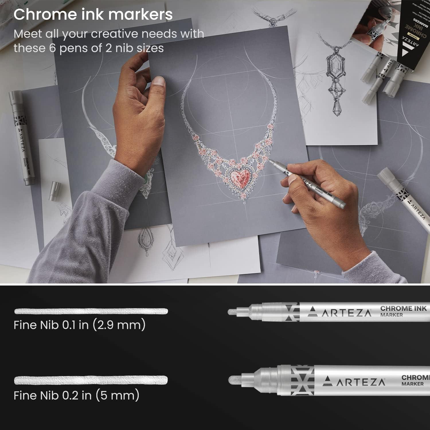 ARTEZA Mirror Chrome Marker Set, 3 Pack, 2.9mm, 5mm & 15mm Nibs, Hi-Gloss Silver Metallic Pens(1 Count (Pack of 6))