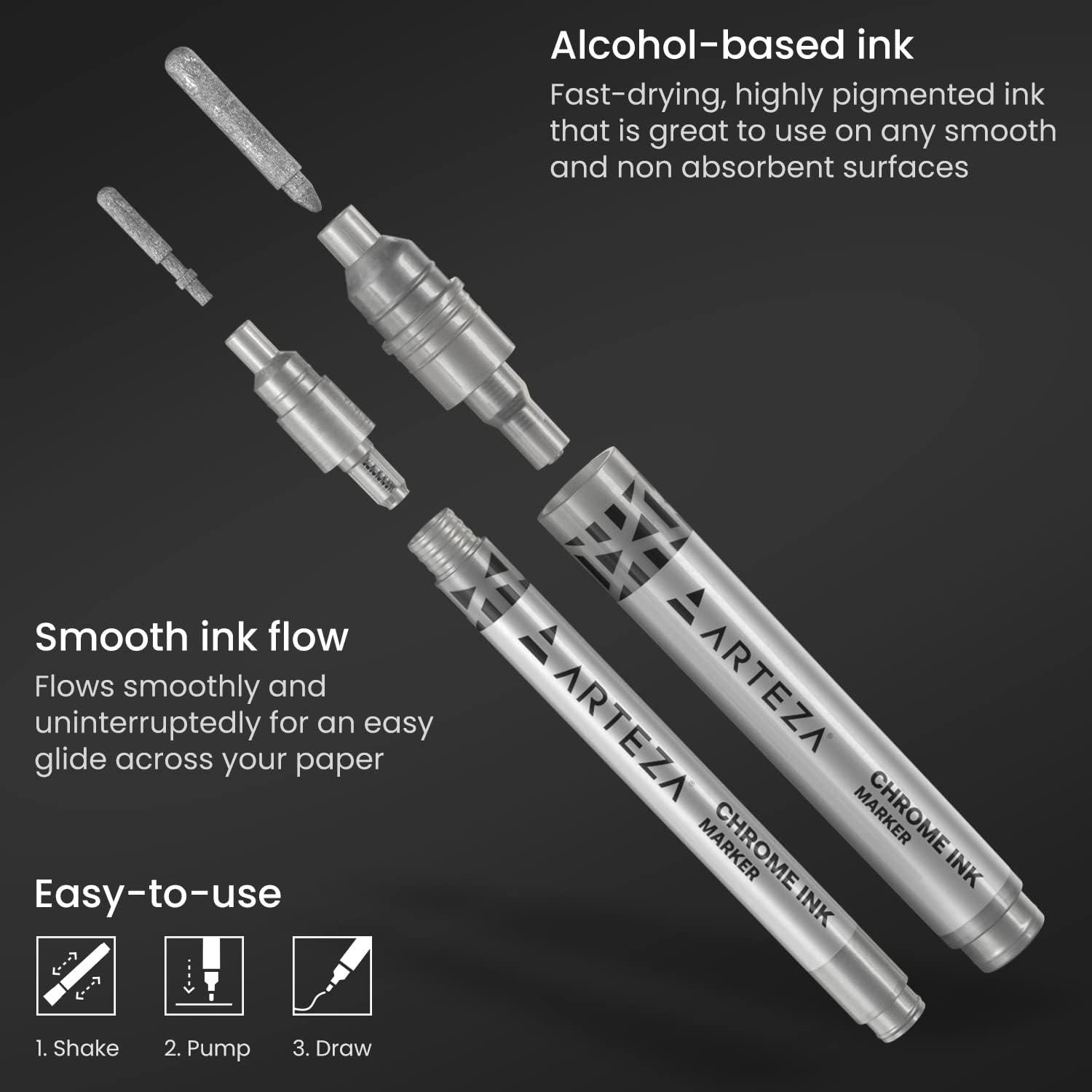 ARTEZA Mirror Chrome Marker Set, 3 Pack, 2.9mm, 5mm & 15mm Nibs, Hi-Gloss Silver Metallic Pens(1 Count (Pack of 6))