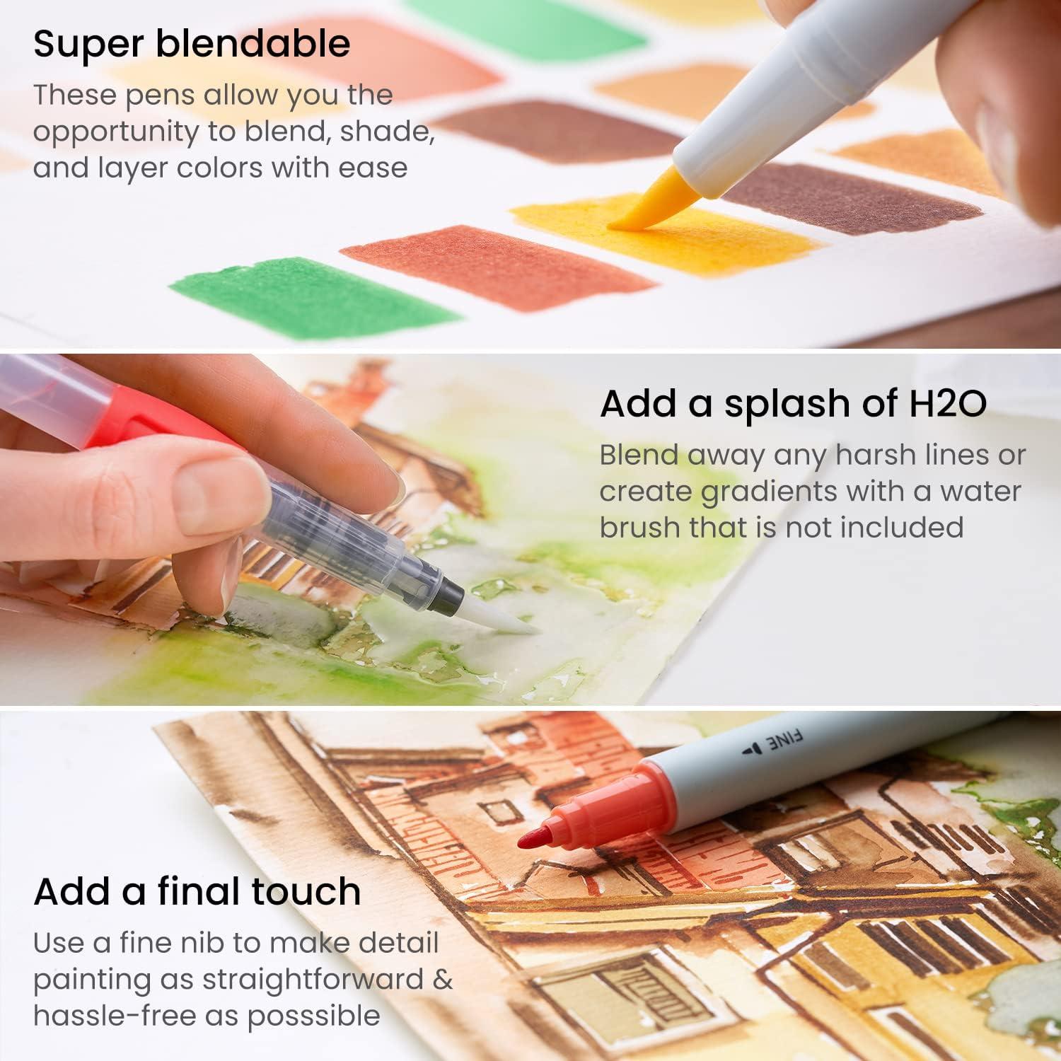 ARTEZA Dual Tip Brush Pens, 12 Earth Tones, Watercolor Calligraphy Markers, Nylon Brush and Fine Tip, Water-Based Ink, for Illustration, Lettering