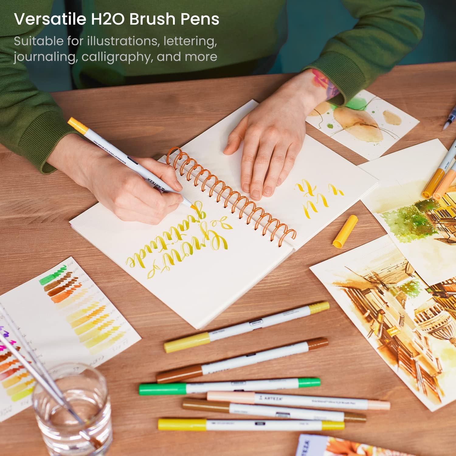 ARTEZA Dual Tip Brush Pens, 12 Earth Tones, Watercolor Calligraphy Markers, Nylon Brush and Fine Tip, Water-Based Ink, for Illustration, Lettering