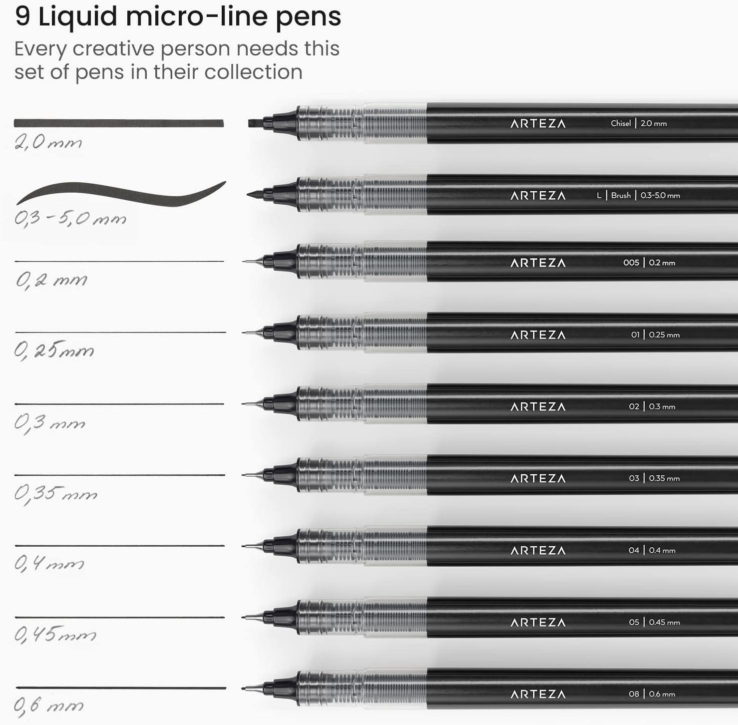 ARTEZA Micro-Line Ink Pens, Set of 9, Black Fineliners with Japanese Archival Ink, Art Supplies for Comic Artists and Illustrators(1 Count (Pack of 9))