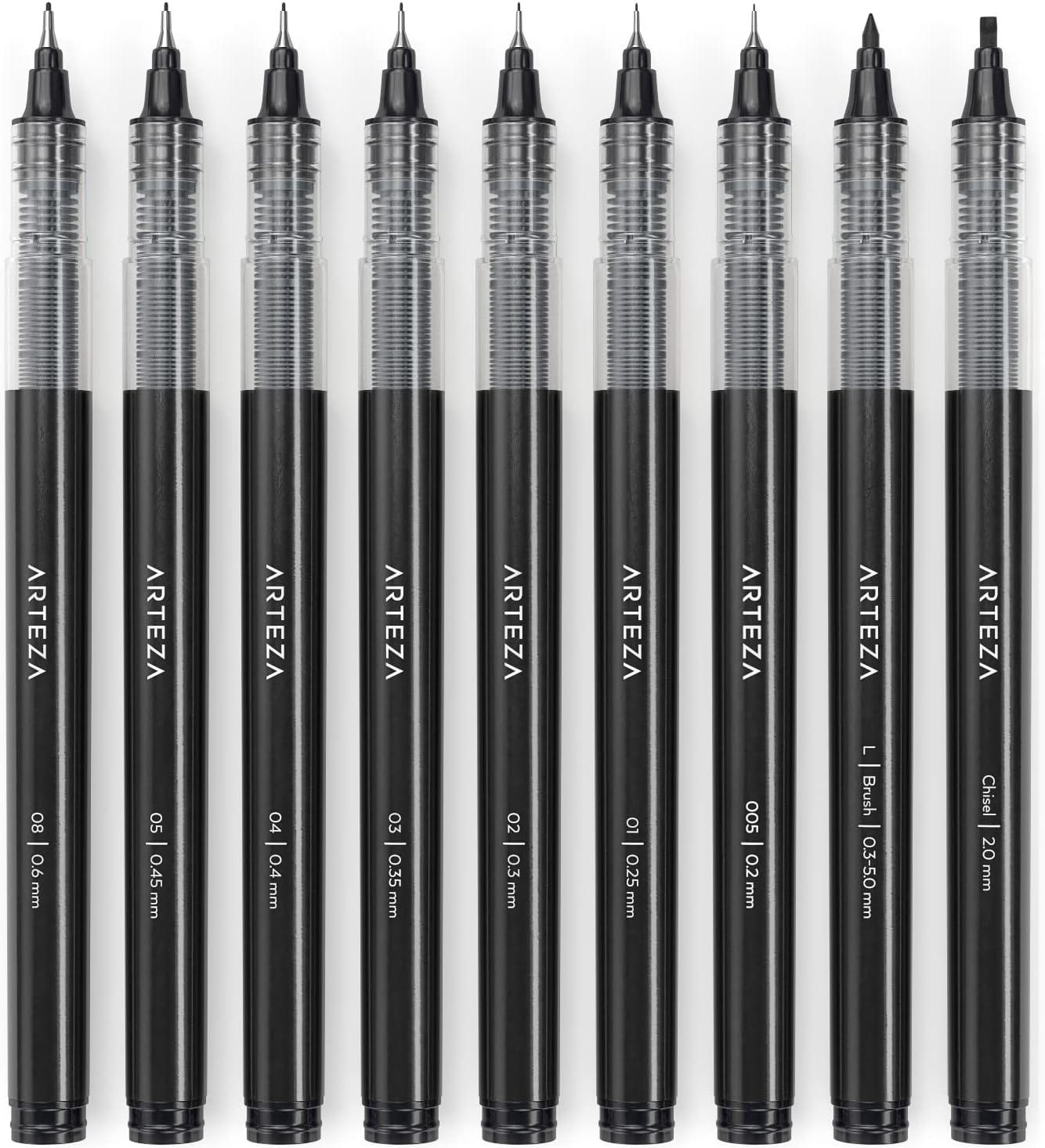 ARTEZA Micro-Line Ink Pens, Set of 9, Black Fineliners with Japanese Archival Ink, Art Supplies for Comic Artists and Illustrators(1 Count (Pack of 9))