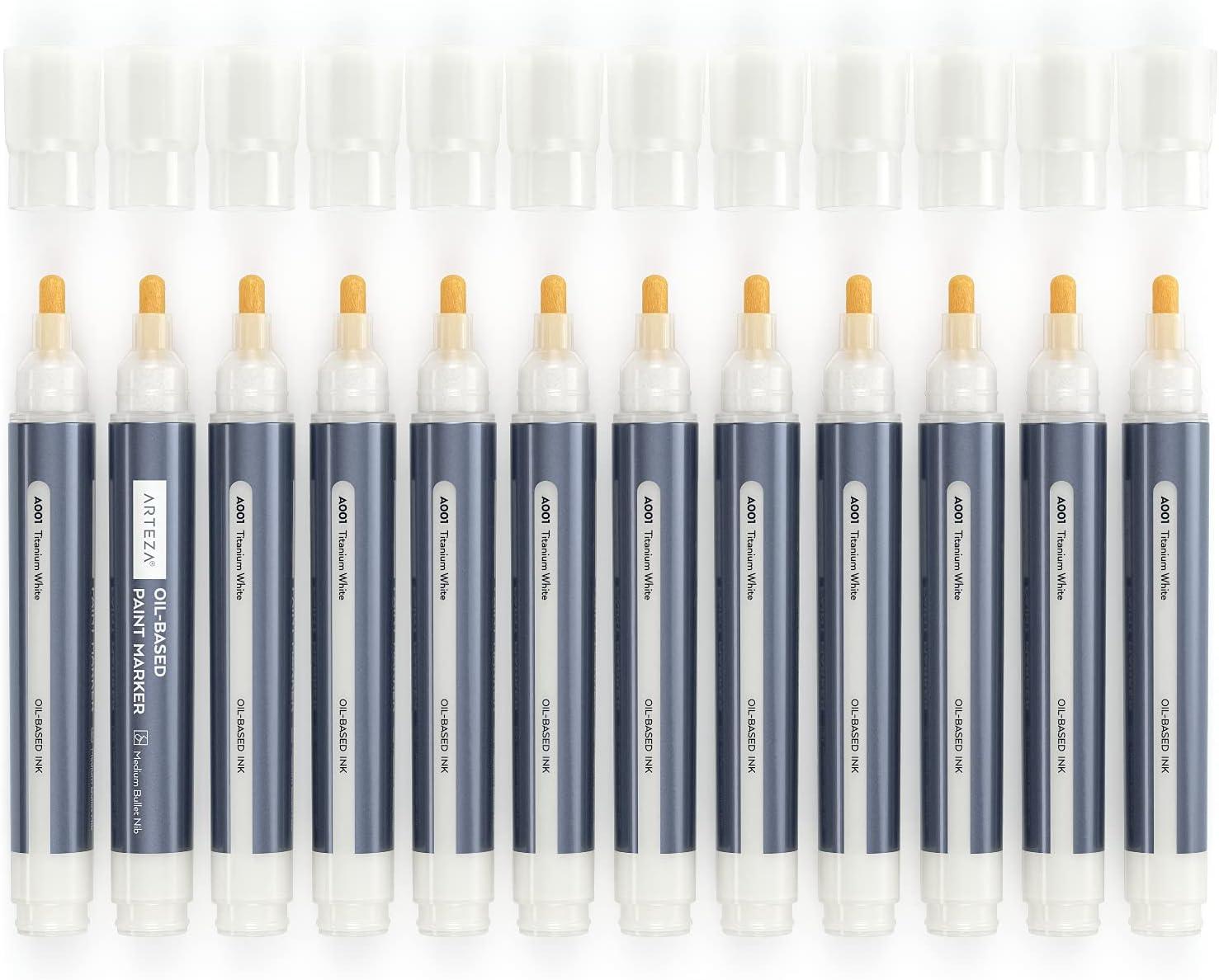 ARTEZA Oil Based Paint Markers, 12-Pack, White, 2.5 mm Line, Permanent Pens, Waterproof Craft and Art Supplies for Stone, Wood, Glass, Metal, Canvas(Large barrel)