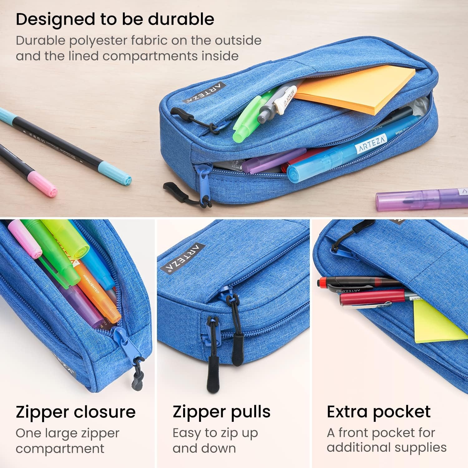 ARTEZA Pencil Case, Blue Pencil Pouch with Zipper Closure, Supplies for Learners and Teachers(Blue)