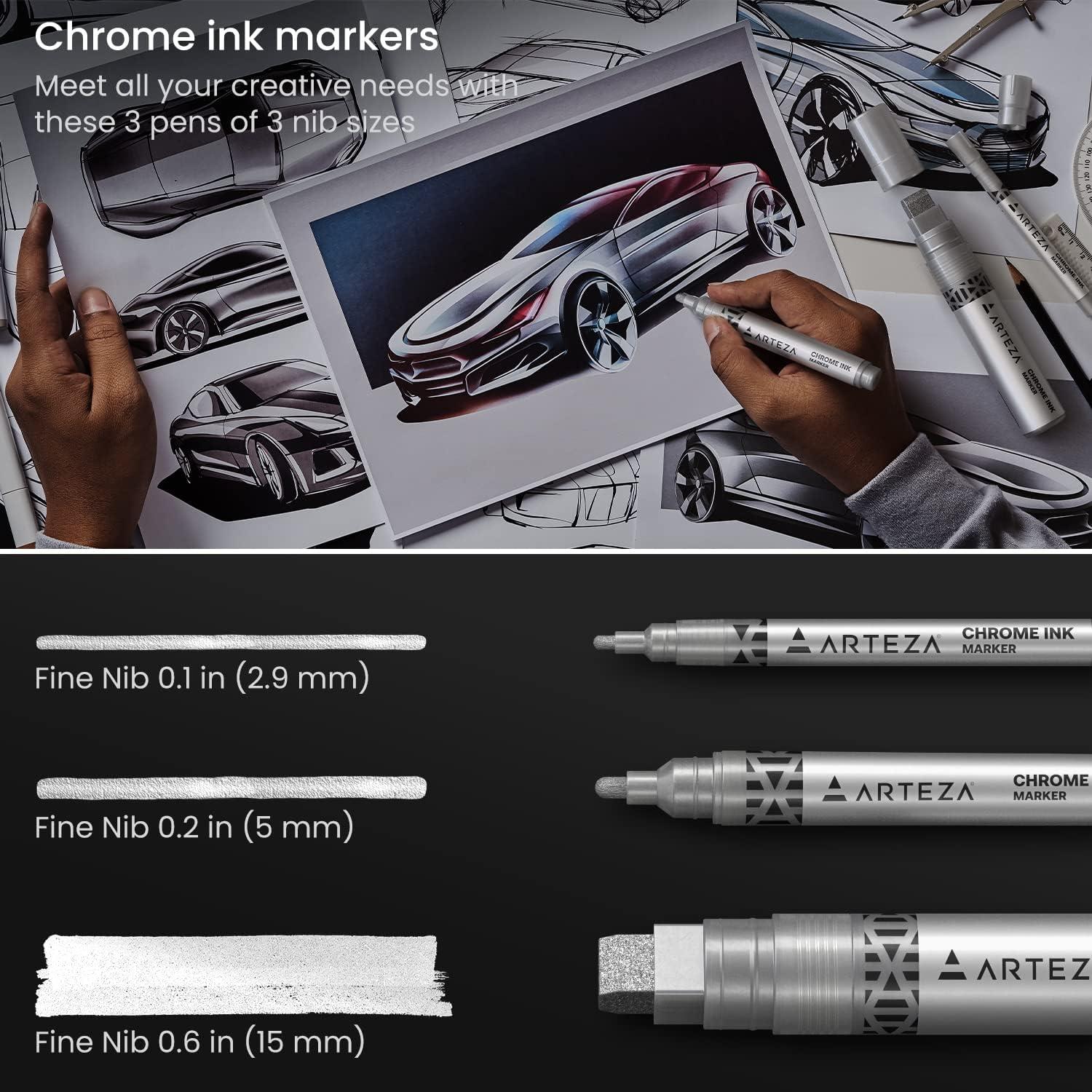 ARTEZA Mirror Chrome Marker Set, 3 Pack, 2.9mm, 5mm & 15mm Nibs, Hi-Gloss Silver Metallic Pens(1 Count (Pack of 3))