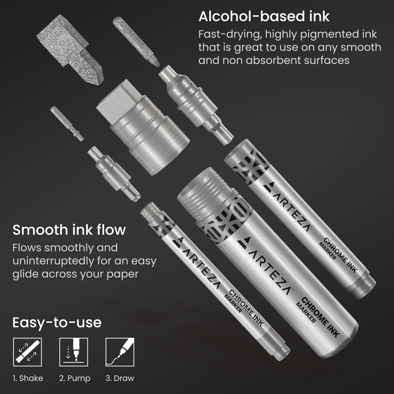ARTEZA Mirror Chrome Marker Set, 3 Pack, 2.9mm, 5mm & 15mm Nibs, Hi-Gloss Silver Metallic Pens(1 Count (Pack of 3))