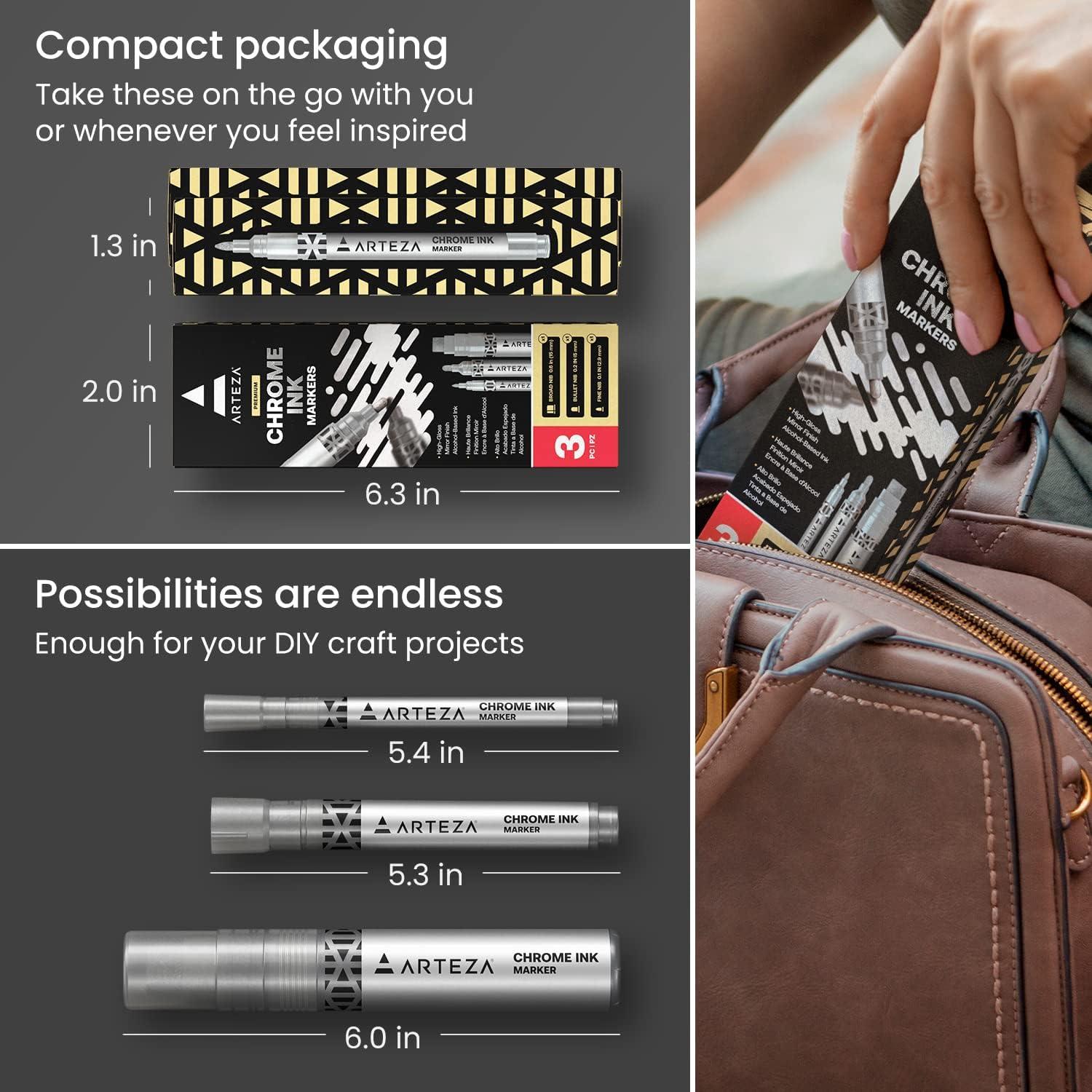 ARTEZA Mirror Chrome Marker Set, 3 Pack, 2.9mm, 5mm & 15mm Nibs, Hi-Gloss Silver Metallic Pens(1 Count (Pack of 3))