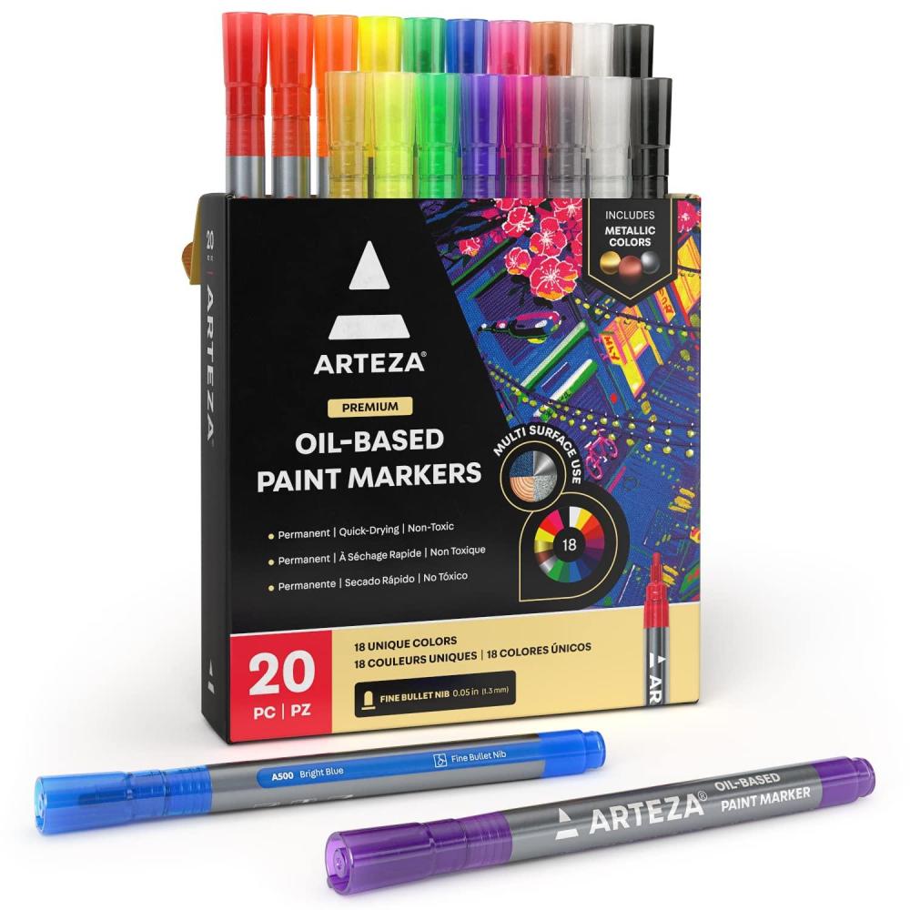 ARTEZA Oil Based Paint Markers, 20-Pack, 18 Unique Colors, 1.3 mm Line, Small Barrel, Permanent Pens, Art Supplies for Stone, Wood, Glass, Canvas