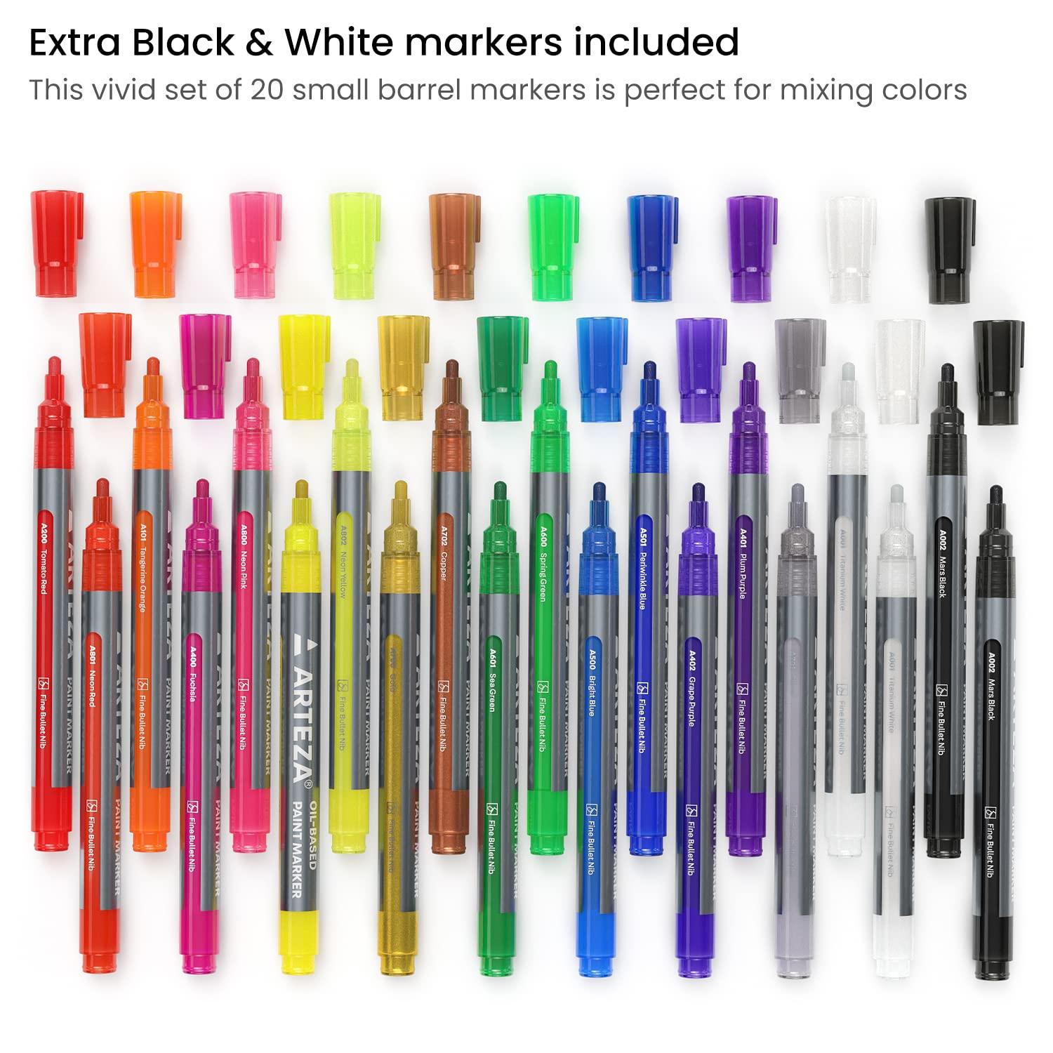 ARTEZA Oil Based Paint Markers, 20-Pack, 18 Unique Colors, 1.3 mm Line, Small Barrel, Permanent Pens, Art Supplies for Stone, Wood, Glass, Canvas