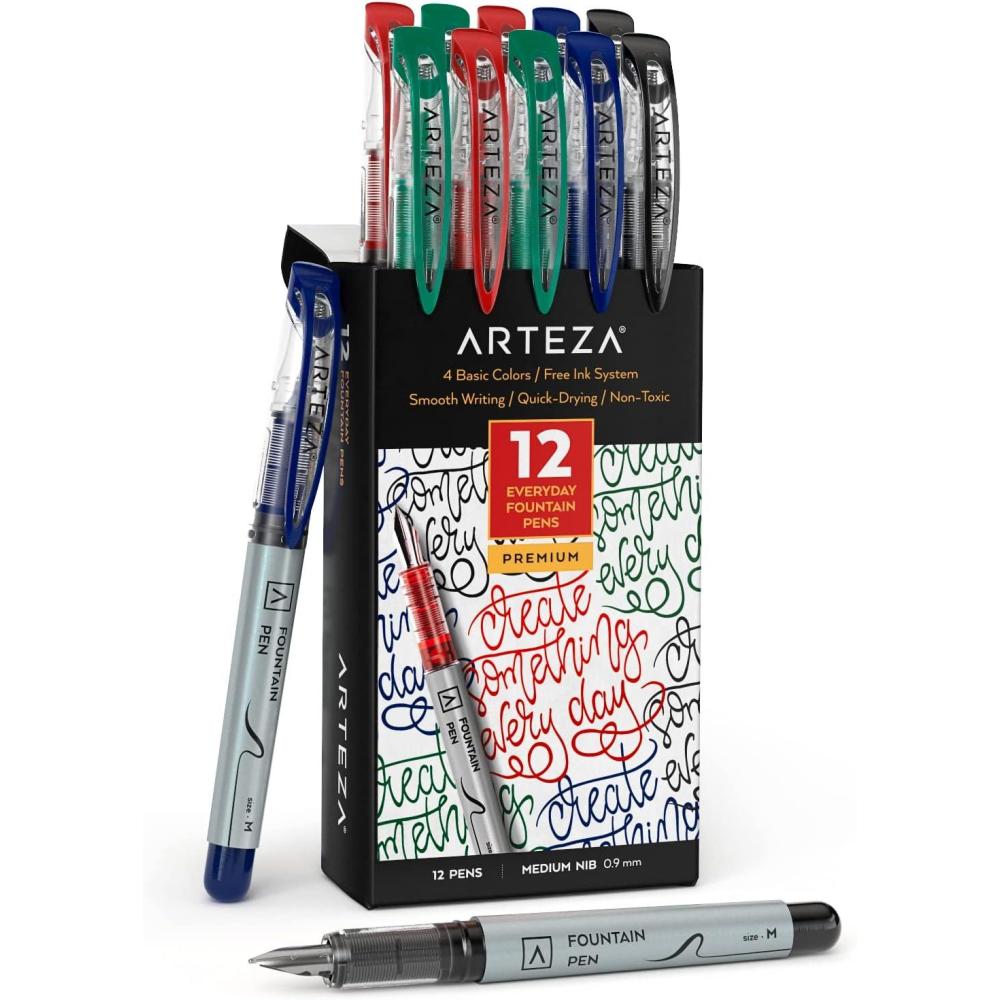 ARTEZA Disposable Fountain Pens, Pack of 12, Medium 0.9-mm Nib, Smooth-Writing Quick-Drying Black Ink Pen, Art Supplies for Professionals, Students, and Hobbyists(Assorted)