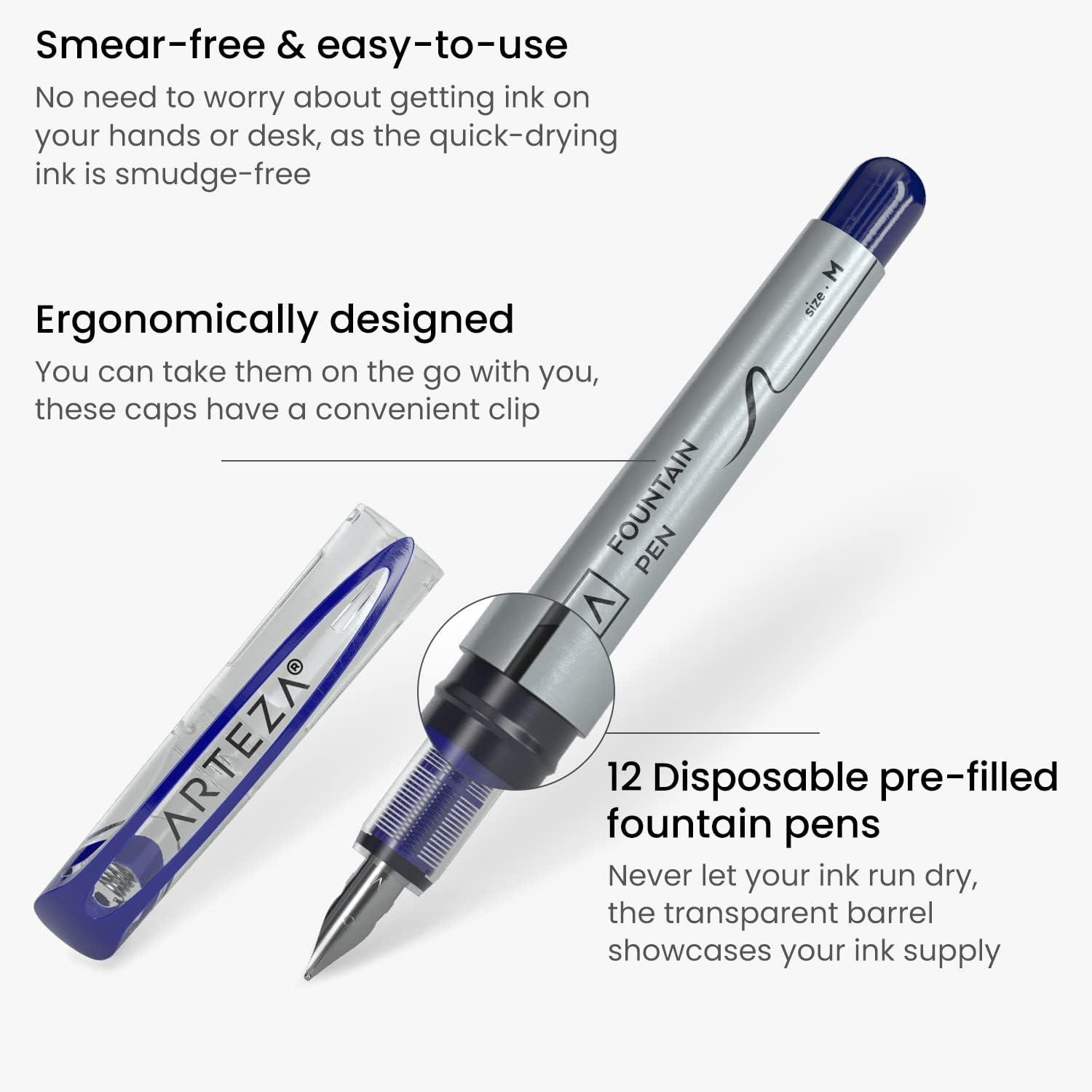 ARTEZA Disposable Fountain Pens, Pack of 12, Medium 0.9-mm Nib, Smooth-Writing Quick-Drying Black Ink Pen, Art Supplies for Professionals, Students, and Hobbyists(Assorted)