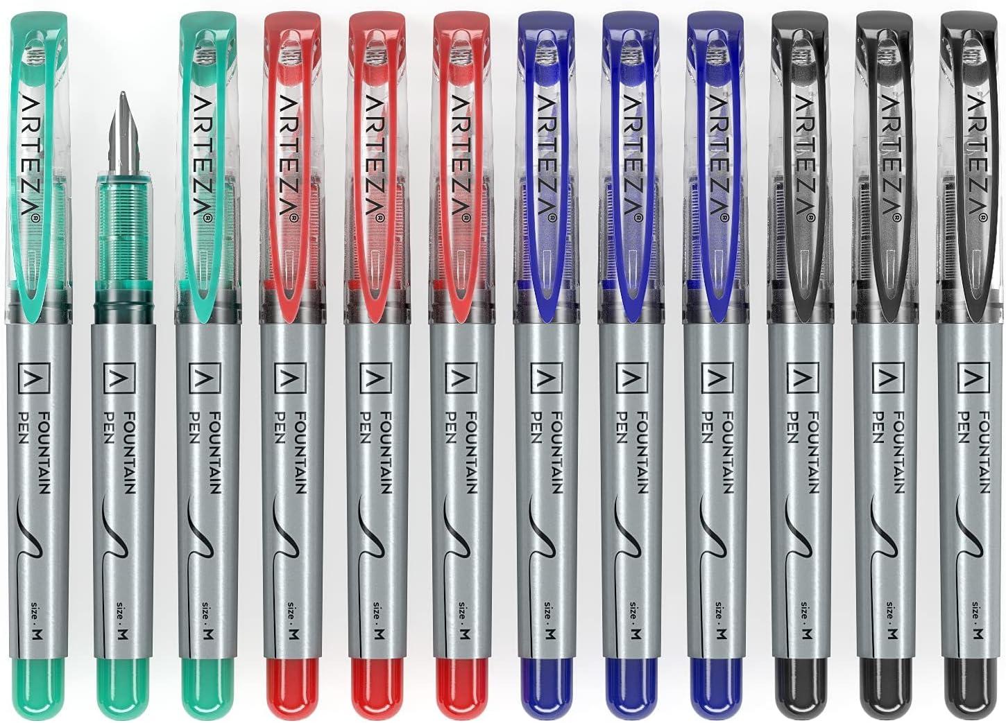 ARTEZA Disposable Fountain Pens, Pack of 12, Medium 0.9-mm Nib, Smooth-Writing Quick-Drying Black Ink Pen, Art Supplies for Professionals, Students, and Hobbyists(Assorted)