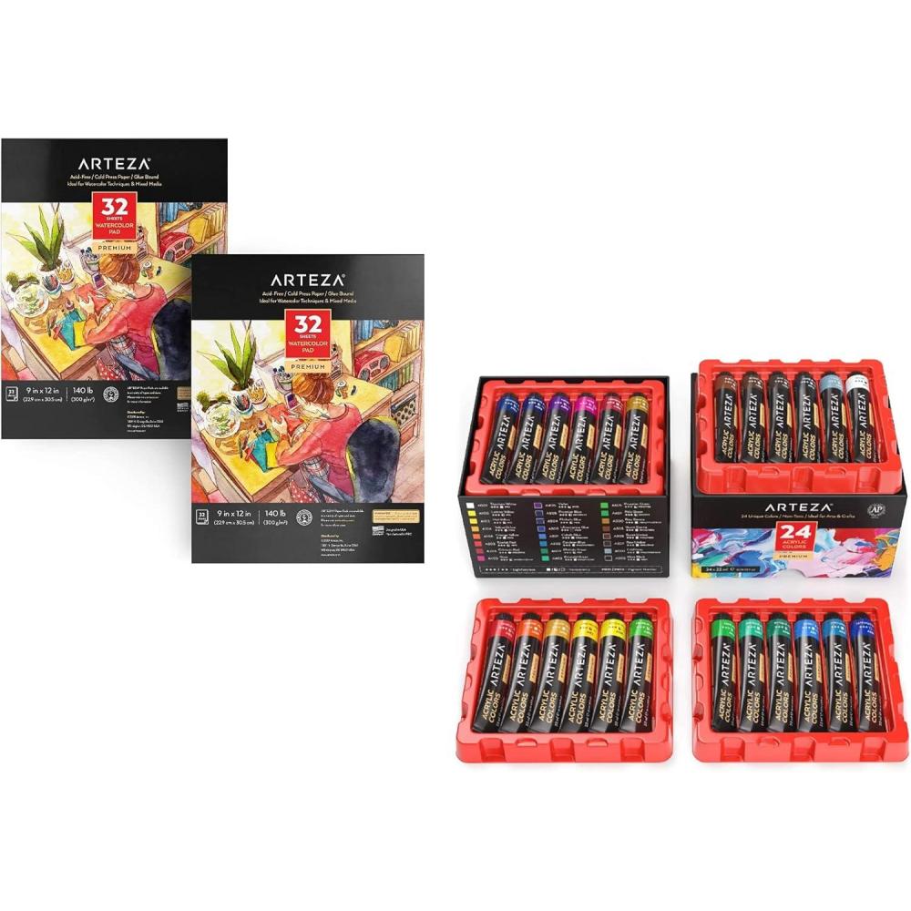 Arteza Acrylic Paint Set of 24 Colors and Watercolor Paper 9×12 Inch Pack of 2, Painting Art Supplies for Artist, Hobby Painters & Beginners