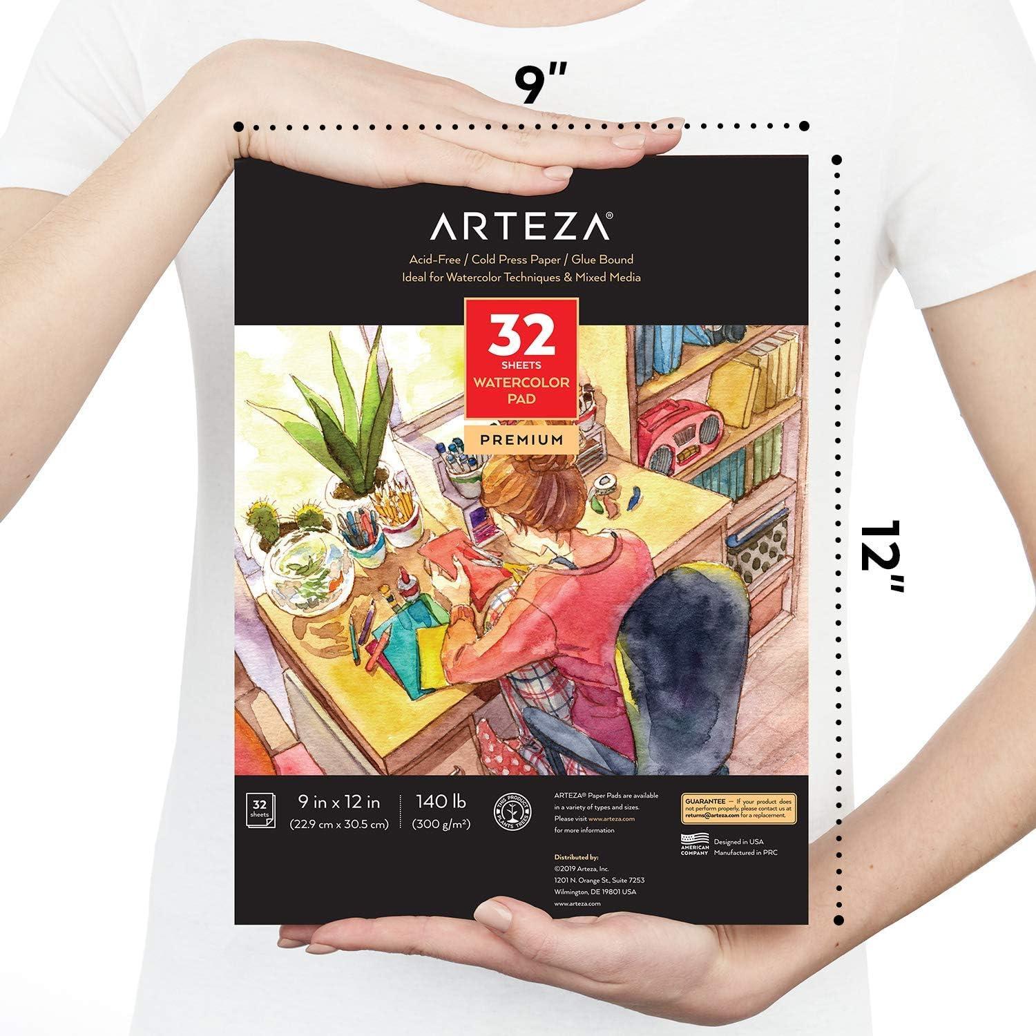 Arteza Acrylic Paint Set of 24 Colors and Watercolor Paper 9×12 Inch Pack of 2, Painting Art Supplies for Artist, Hobby Painters & Beginners