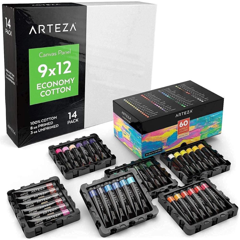 Arteza Acrylic Paint and Canvas Panels Bundle, Painting Art Supplies for Artist, Hobby Painters & Beginners