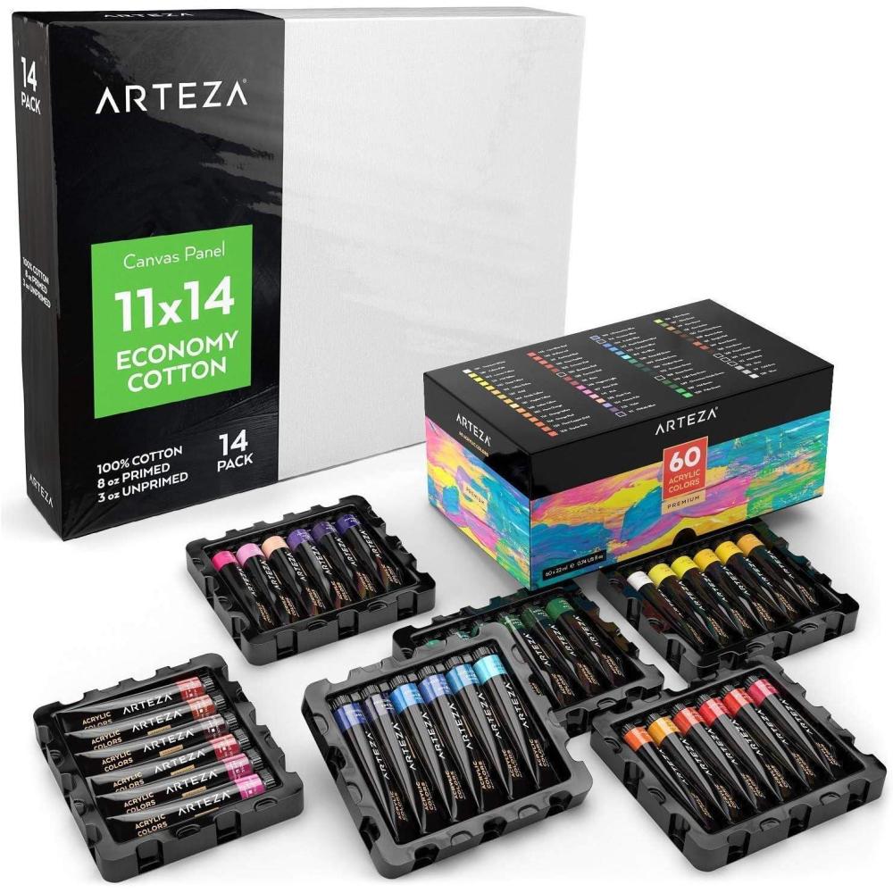 Arteza Bundle: 11×14 Bulk Pack of 100% Economy Cotton Canvas Panels, Set of 14 + Acrylic Paint, 22 ml Tubes, Set of 60 Assorted Colors, Painting Art Supplies for Artist, Hobby Painters & Beginners