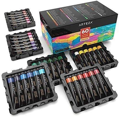 Arteza Bundle: 11×14 Bulk Pack of 100% Economy Cotton Canvas Panels, Set of 14 + Acrylic Paint, 22 ml Tubes, Set of 60 Assorted Colors, Painting Art Supplies for Artist, Hobby Painters & Beginners