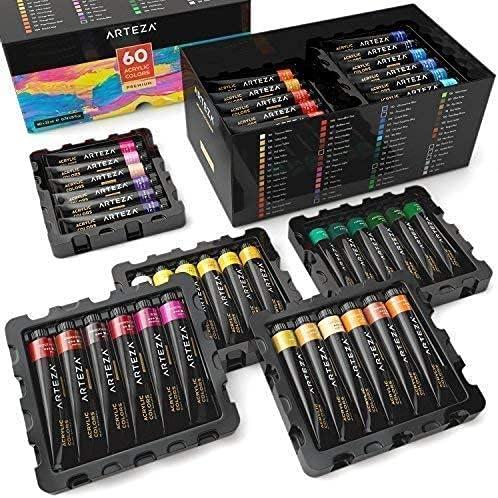 Arteza Bundle: 11×14 Bulk Pack of 100% Economy Cotton Canvas Panels, Set of 14 + Acrylic Paint, 22 ml Tubes, Set of 60 Assorted Colors, Painting Art Supplies for Artist, Hobby Painters & Beginners