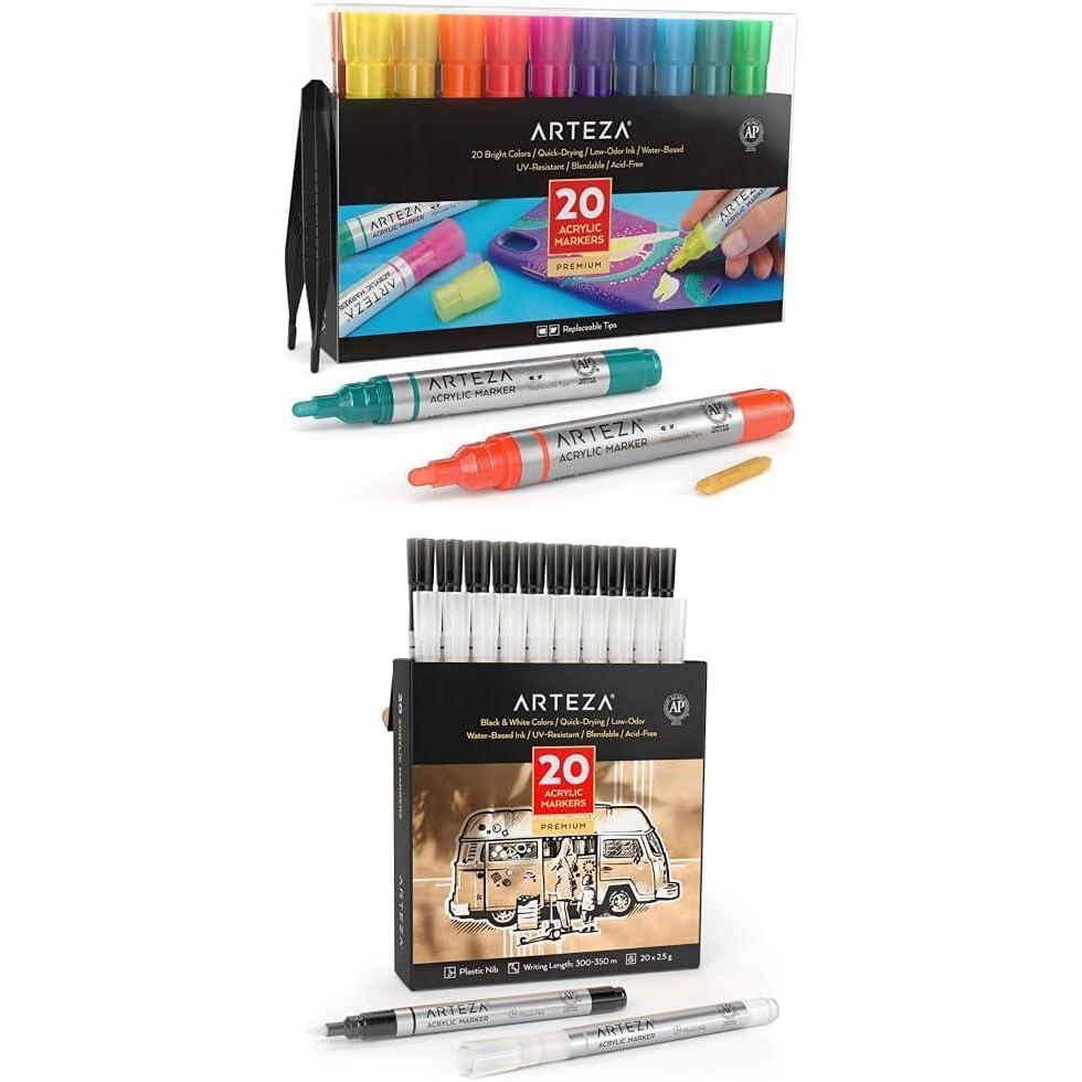 ARTEZA Acrylic Paint Markers, Set of 20 Acrylic Paint Pens in Assorted Colors and Acrylic Paint Markers Pack of 20