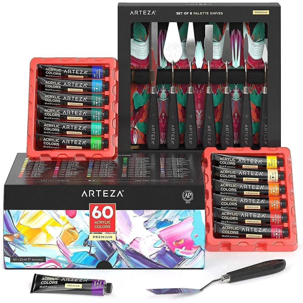 Arteza Acrylic Paints and Palette Knives Bundle, Painting Art Supplies for Artist, Hobby Painters & Beginners