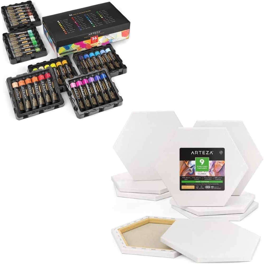 Arteza Acrylic Gouache Paint, Acrylic Paint Set of 36 Basic Colors and Arteza Paint Canvases for Painting, 9 Pack, 6 inches, Hexagonal Blank Canvas Bulk, Art Supplies for Adults, for Acrylic Pouring