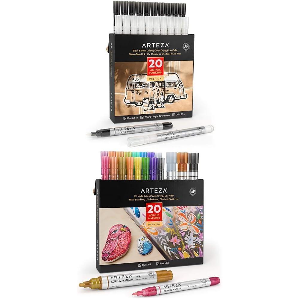 ARTEZA Acrylic Paint Markers, Pack of 20 and Metallic Acrylic Paint Markers Set of 20
