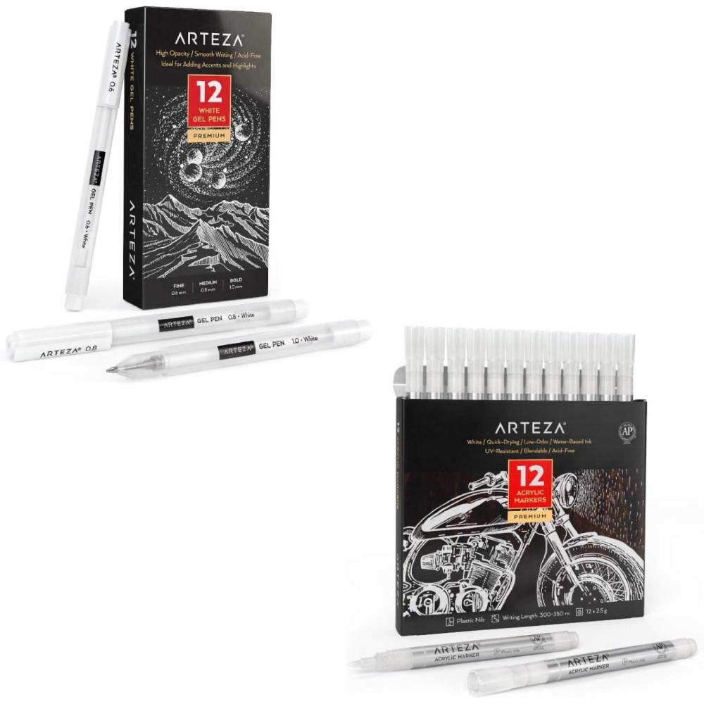 ARTEZA Acrylic Paint Markers Set of 12 and White Gel Pen Set Pack of 12, Drawing Art Supplies for Artist, Hobby Painters & Beginners
