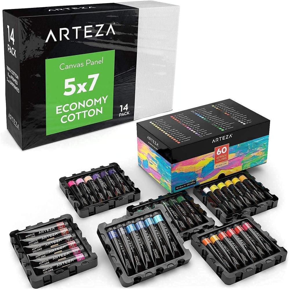 Arteza Bundle: 5×7 Bulk Pack of 100% Economy Cotton Canvas Panels, Set of 14 and Acrylic Paint, Set of 60 Assorted Colors, Painting Art Supplies for Artist, Hobby Painters & Beginners