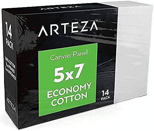 Arteza Bundle: 5×7 Bulk Pack of 100% Economy Cotton Canvas Panels, Set of 14 and Acrylic Paint, Set of 60 Assorted Colors, Painting Art Supplies for Artist, Hobby Painters & Beginners