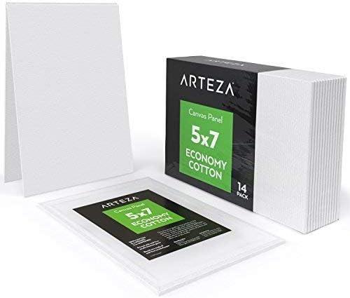 Arteza Bundle: 5×7 Bulk Pack of 100% Economy Cotton Canvas Panels, Set of 14 and Acrylic Paint, Set of 60 Assorted Colors, Painting Art Supplies for Artist, Hobby Painters & Beginners