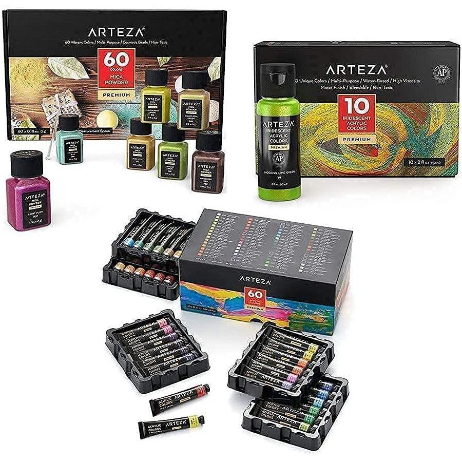 ARTEZA Acrylic Paint Set and Mica Powder Bundle, Painting Art Supplies for Artist, Hobby Painters & Beginners