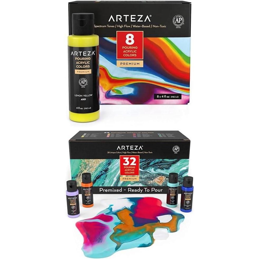 ARTEZA Acrylic Pouring Paint Set, 8 Rainbow Colors and Acrylic Pouring Paint Set of 32