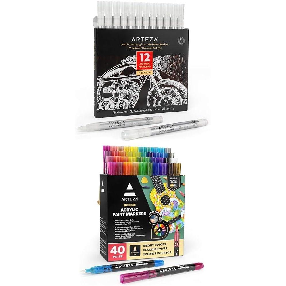 ARTEZA Acrylic Paint Markers, Pack of 12 White Acrylic Paint Pens and Acrylic Paint Markers Set of 40 Acrylic Paint Pens in Assorted Colors