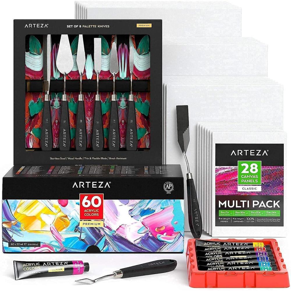 Arteza Acrylic Paints with Palette Knives and Canvas Multi Pack Bundle, Painting Art Supplies for Artist, Hobby Painters & Beginners
