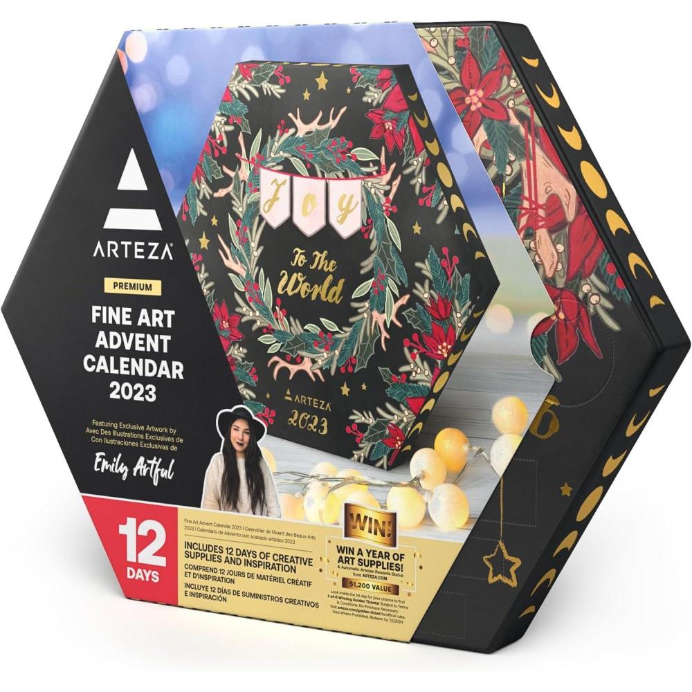 Arteza Advent Calendar 2023 (Fine Art, 12 Days) Art Supplies Holiday Gift for Adults, Includes Acrylic, Gouache & Watercolor Paints, Art Chrome Markers, Canvas Boards, Paint Brushes and Modeling Paste(12 Day)