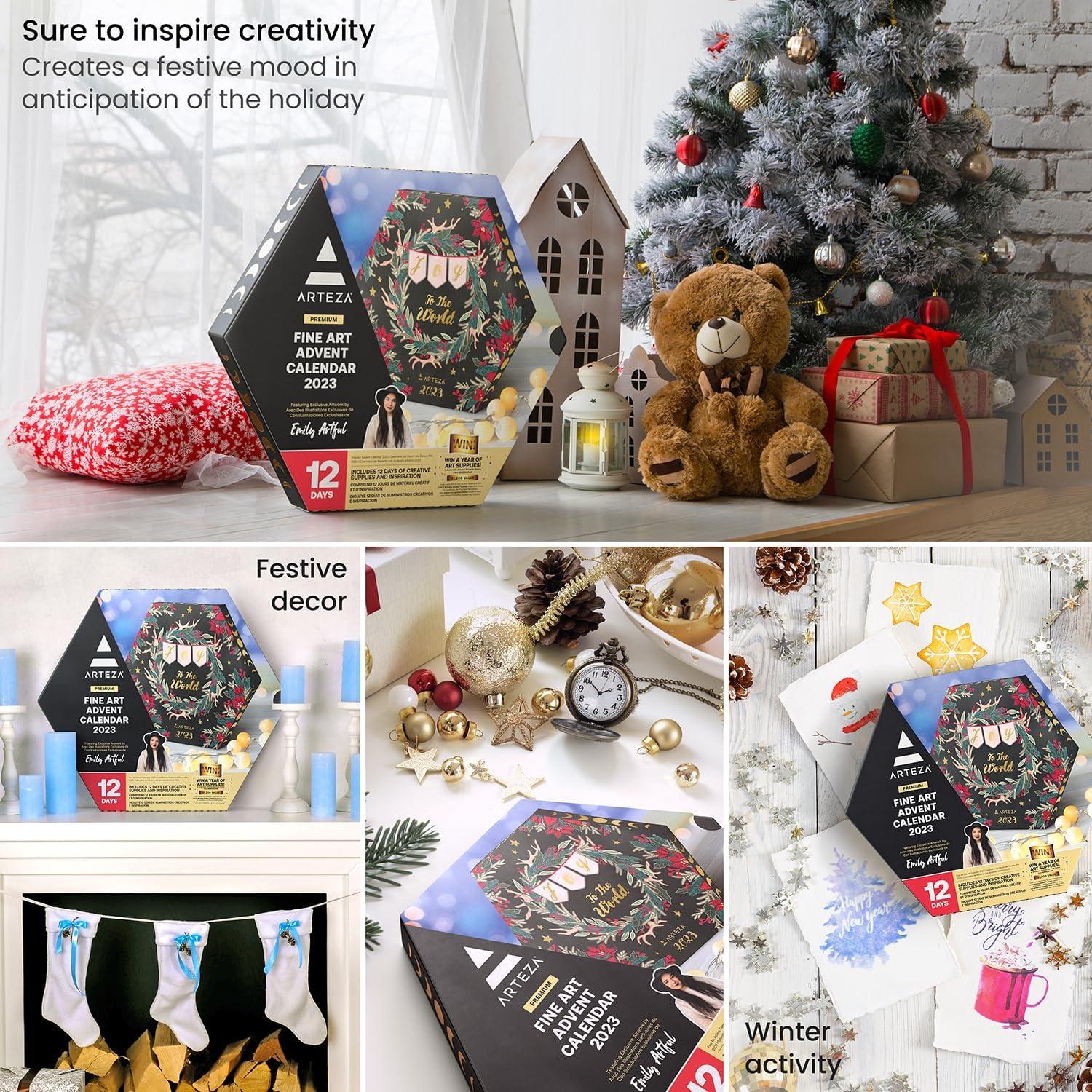 Arteza Advent Calendar 2023 (Fine Art, 12 Days) Art Supplies Holiday Gift for Adults, Includes Acrylic, Gouache & Watercolor Paints, Art Chrome Markers, Canvas Boards, Paint Brushes and Modeling Paste(12 Day)