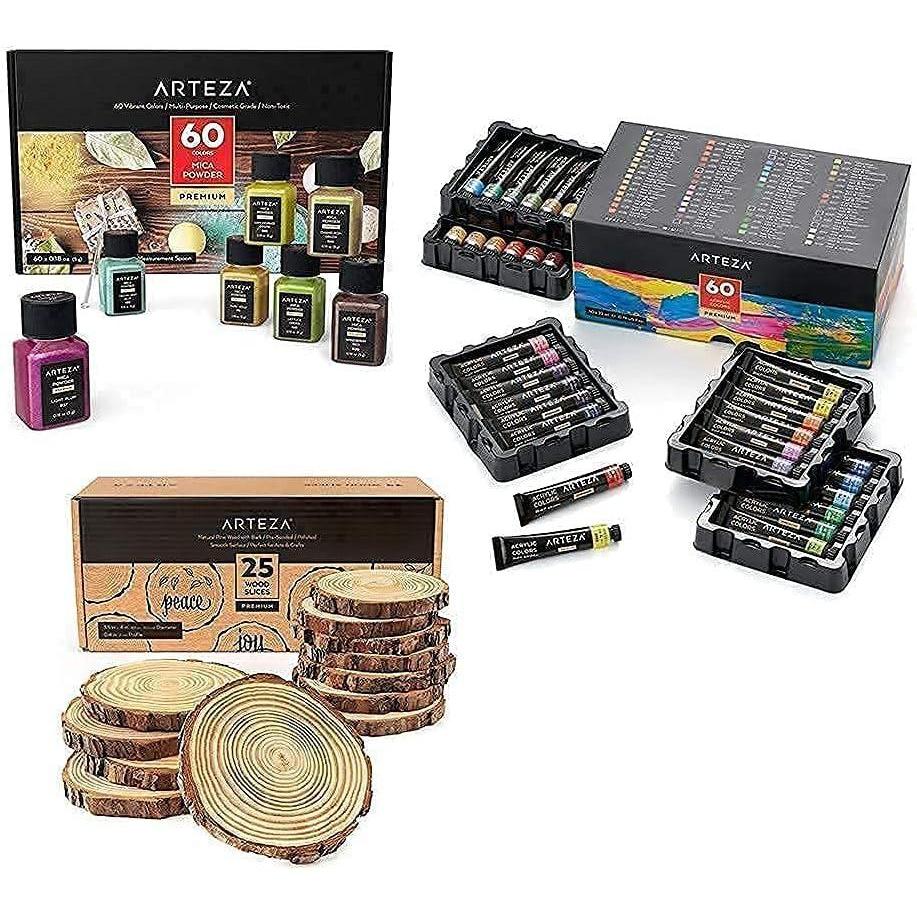 ARTEZA Acrylic Paints, Mica Powder and Wood Slices Bundle, Painting Art Supplies for Artist, Hobby Painters & Beginners