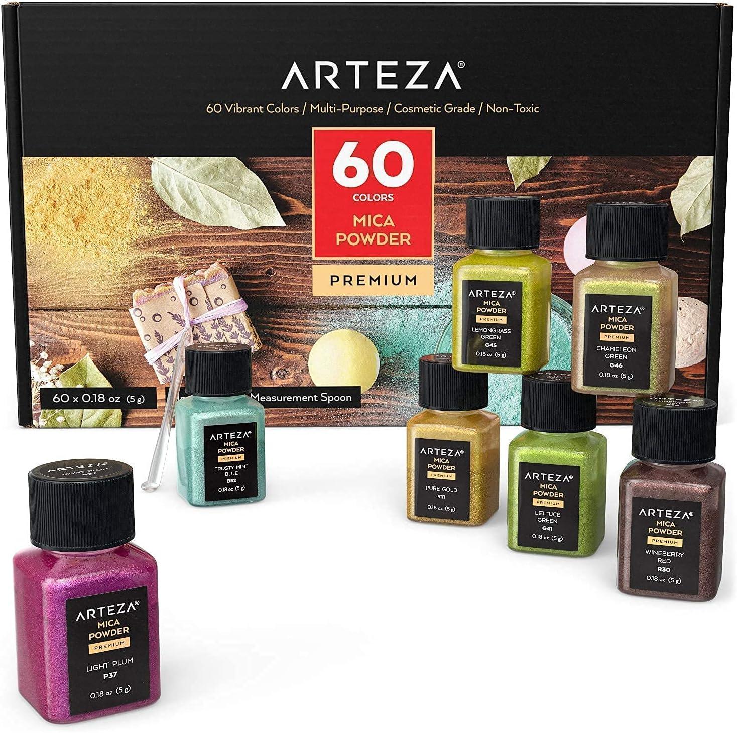 ARTEZA Acrylic Paints, Mica Powder and Wood Slices Bundle, Painting Art Supplies for Artist, Hobby Painters & Beginners