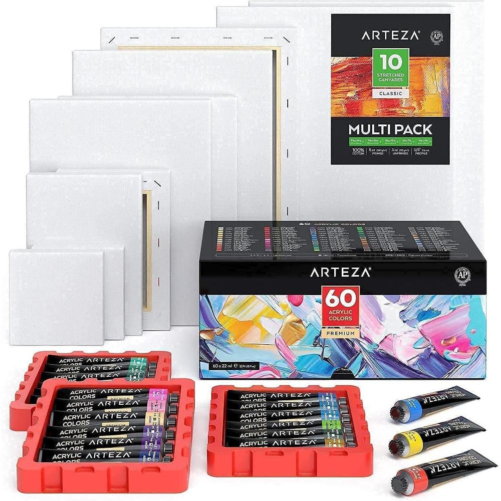 ARTEZA Acrylic Paint 60 Colors and Canvas Multi Pack Set of 10 Bundle, Painting Art Supplies for Artist, Hobby Painters & Beginners