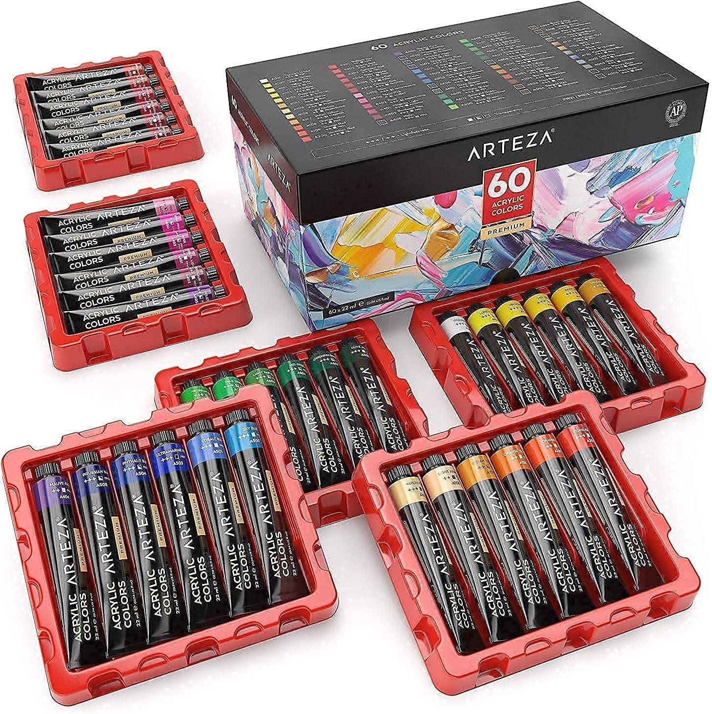 ARTEZA Acrylic Paint 60 Colors and Canvas Multi Pack Set of 10 Bundle, Painting Art Supplies for Artist, Hobby Painters & Beginners