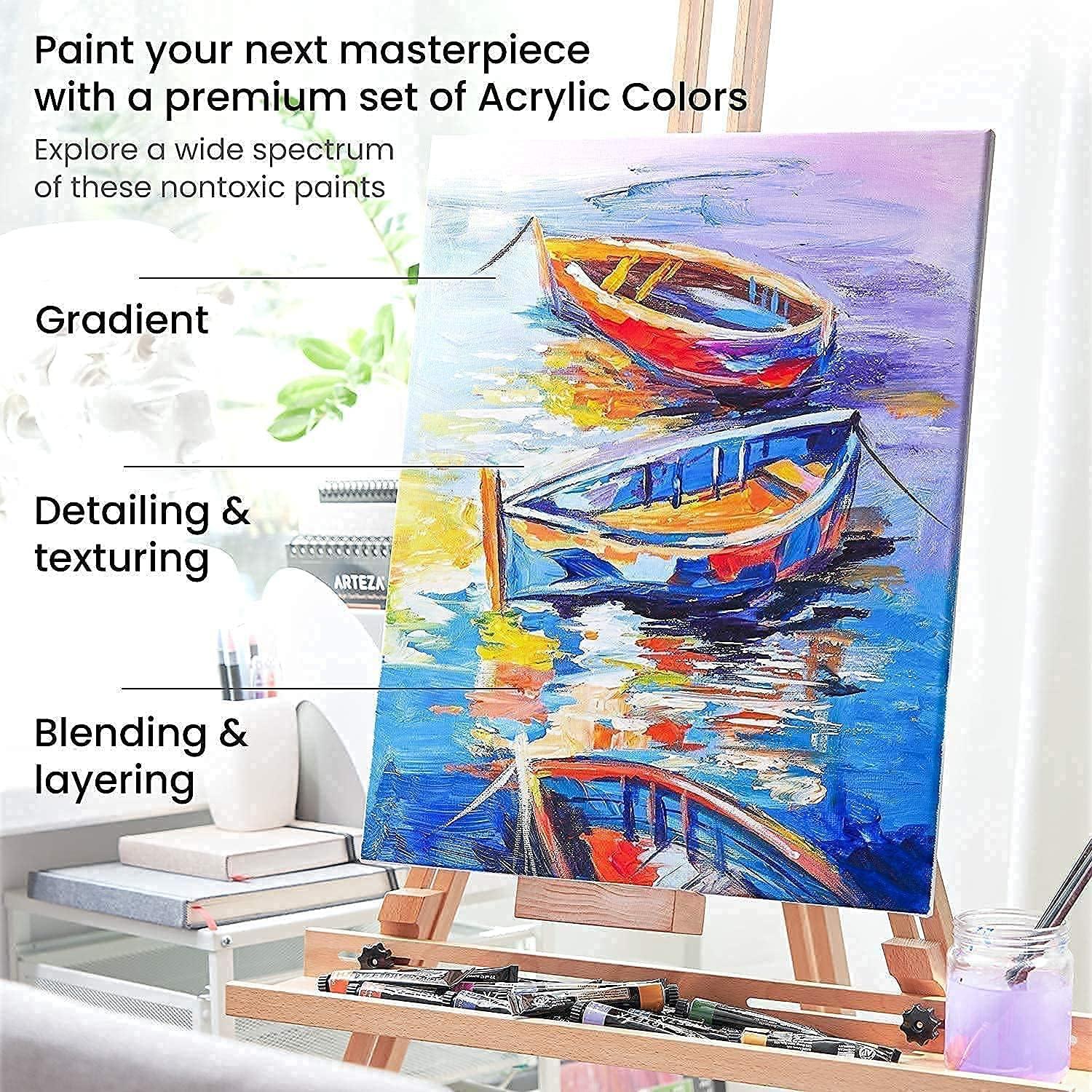 ARTEZA Acrylic Paint 60 Colors and Canvas Multi Pack Set of 10 Bundle, Painting Art Supplies for Artist, Hobby Painters & Beginners