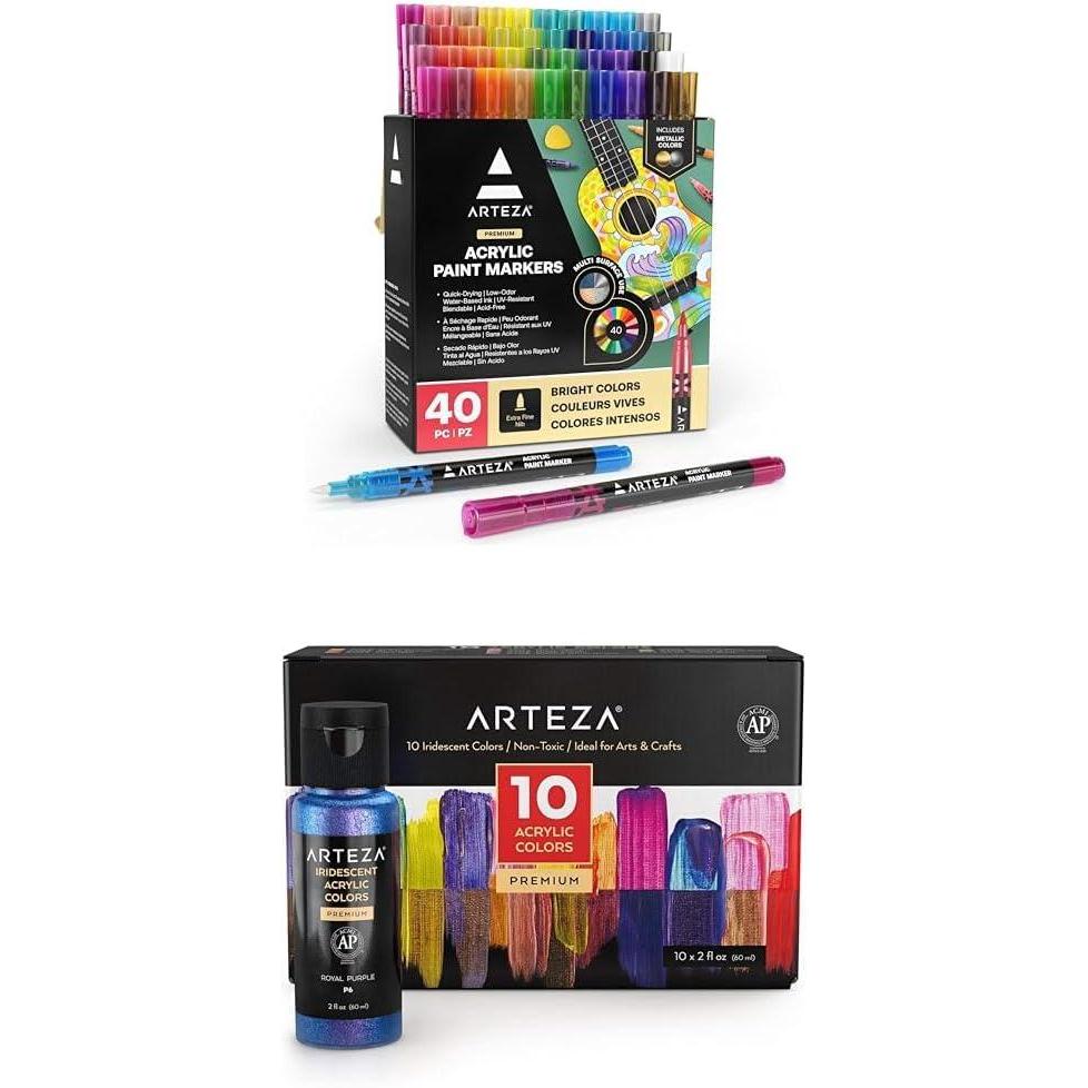 Arteza Acrylic Paint Markers, Set of 40 Acrylic Paint Pens in Assorted Colors and Iridescent Acrylic Paint Set of 10 Chameleon Colors