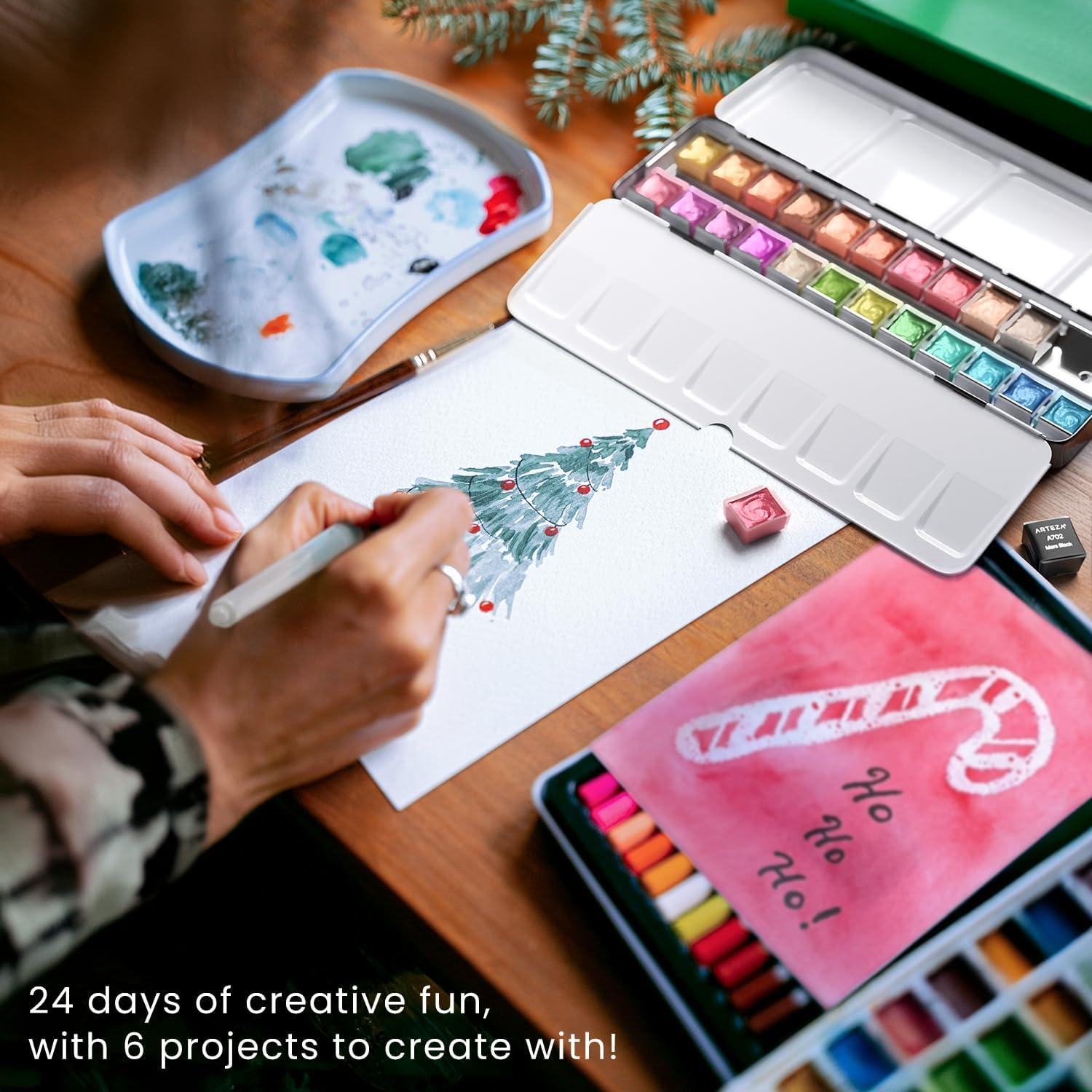 ARTEZA Advent Calendar 2024 (24 Days) Fine Art | Holiday Art Supplies Gift for Adults | Includes Paints, Brushes, and Project Kits | Curated by Tiffany Anna