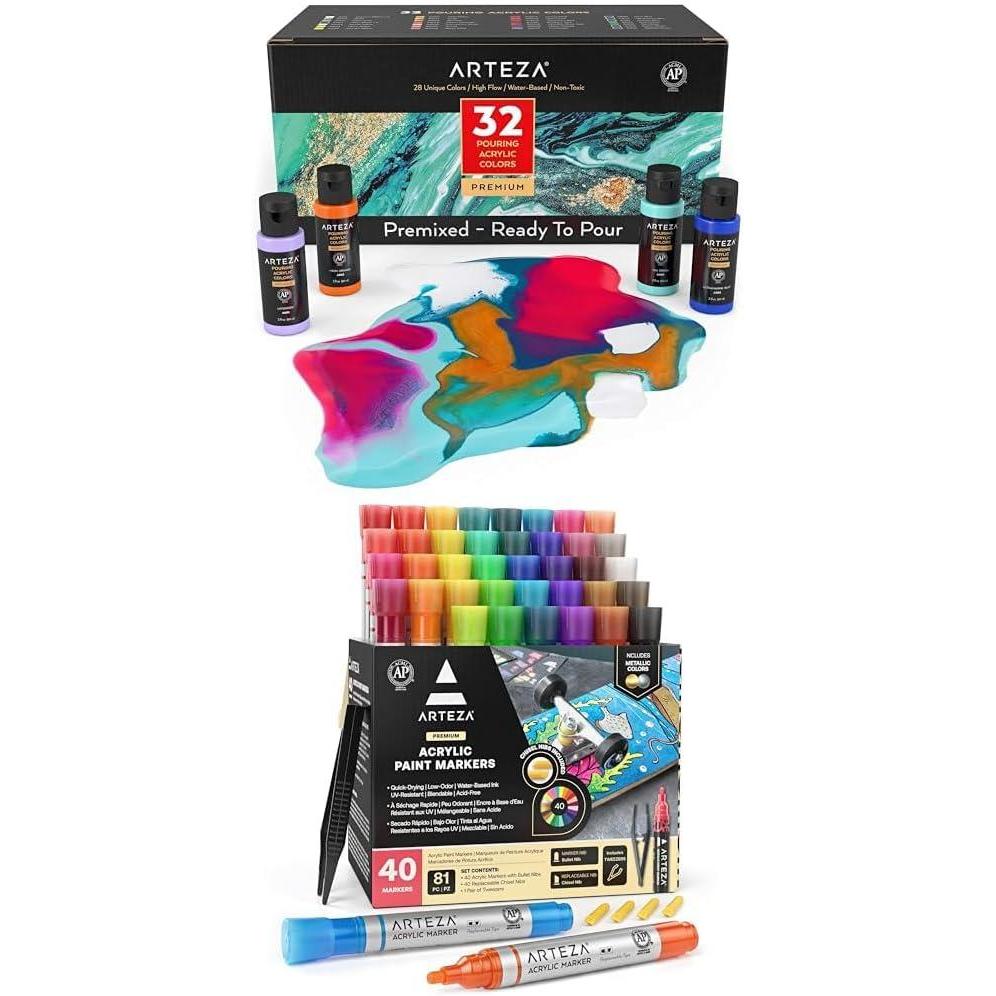 ARTEZA Acrylic Pouring Paint, Set of 32 and Acrylic Paint Markers Set of 40 Acrylic Paint Pens in Assorted Colors